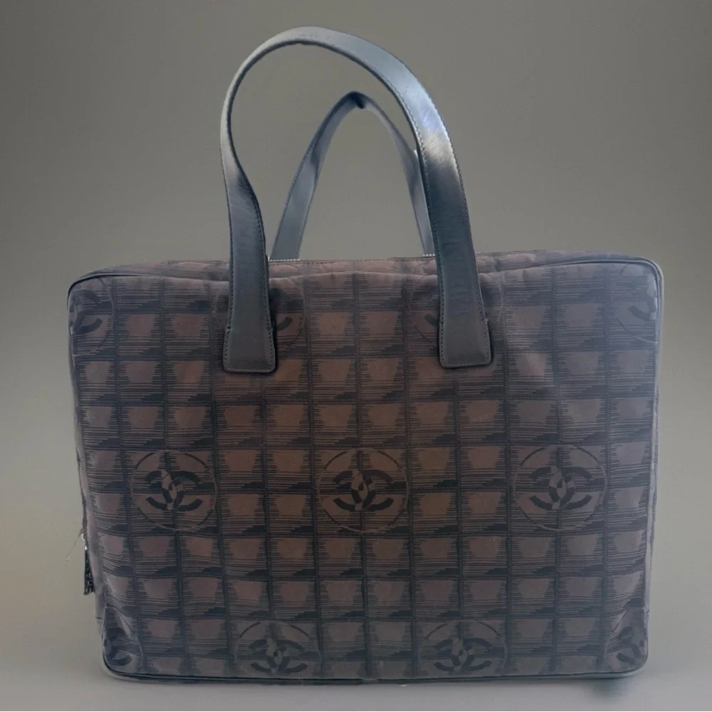 CHANEL Travel Line Tote Bag Black Brown Nylon Leather